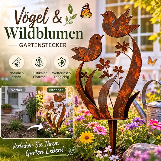 📢📢50 % Rabatt!!🥳💞 2+1 GRATIS!! 🏡 Rustikaler Gartenstecker aus Metall – Muster: Vögel und Blumen 🕊️