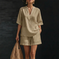 🔥 50% RABATT! Damen Sommer-Set aus Leinen-Mix – V-Ausschnitt Top + Shorts, leicht & bequem!