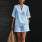 🔥 50% RABATT! Damen Sommer-Set aus Leinen-Mix – V-Ausschnitt Top + Shorts, leicht & bequem!