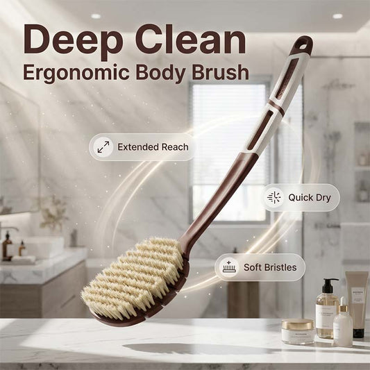 Ergonomic body brush with a long handle
