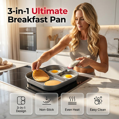 Antihaft-Frühstückspfanne – 3-in-1-Design, Titanbeschichtung und für alle Herdarten geeignet – Eier, Fleisch und Pfannkuchen ganz einfach zubereiten 🧈