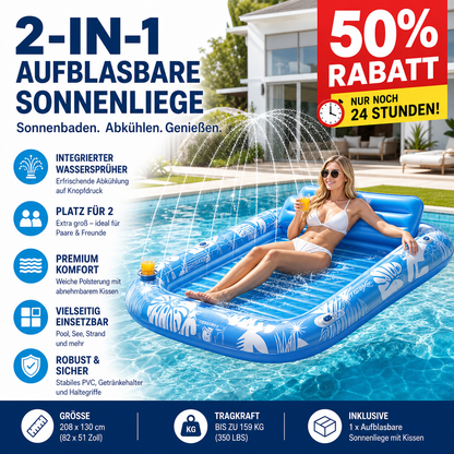 💦Aufblasbare Pool-Sonnenliege – mit automatischer Sprühkühlung. Abnehmbares Kissen, Getränkehalter und Sicherheitsgriffe. Geeignet für 2 Erwachsene (bis 159 kg). Ideal für Garten oder Strand! 🏖️🌞