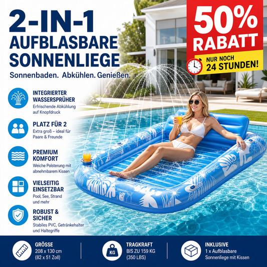 💦Aufblasbare Pool-Sonnenliege – mit automatischer Sprühkühlung. Abnehmbares Kissen, Getränkehalter und Sicherheitsgriffe. Geeignet für 2 Erwachsene (bis 159 kg). Ideal für Garten oder Strand! 🏖️🌞